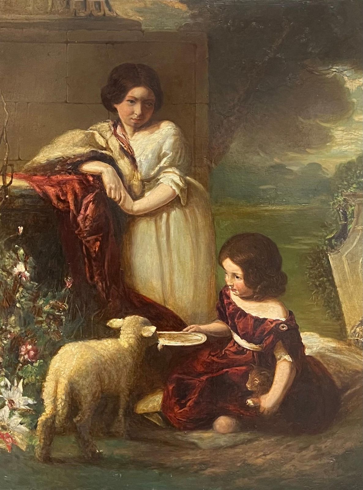 William Underhill Victorian Pastoral Scene Children With Pet Lamb & Cat 19th Century Large Oil 1847 photo furniture