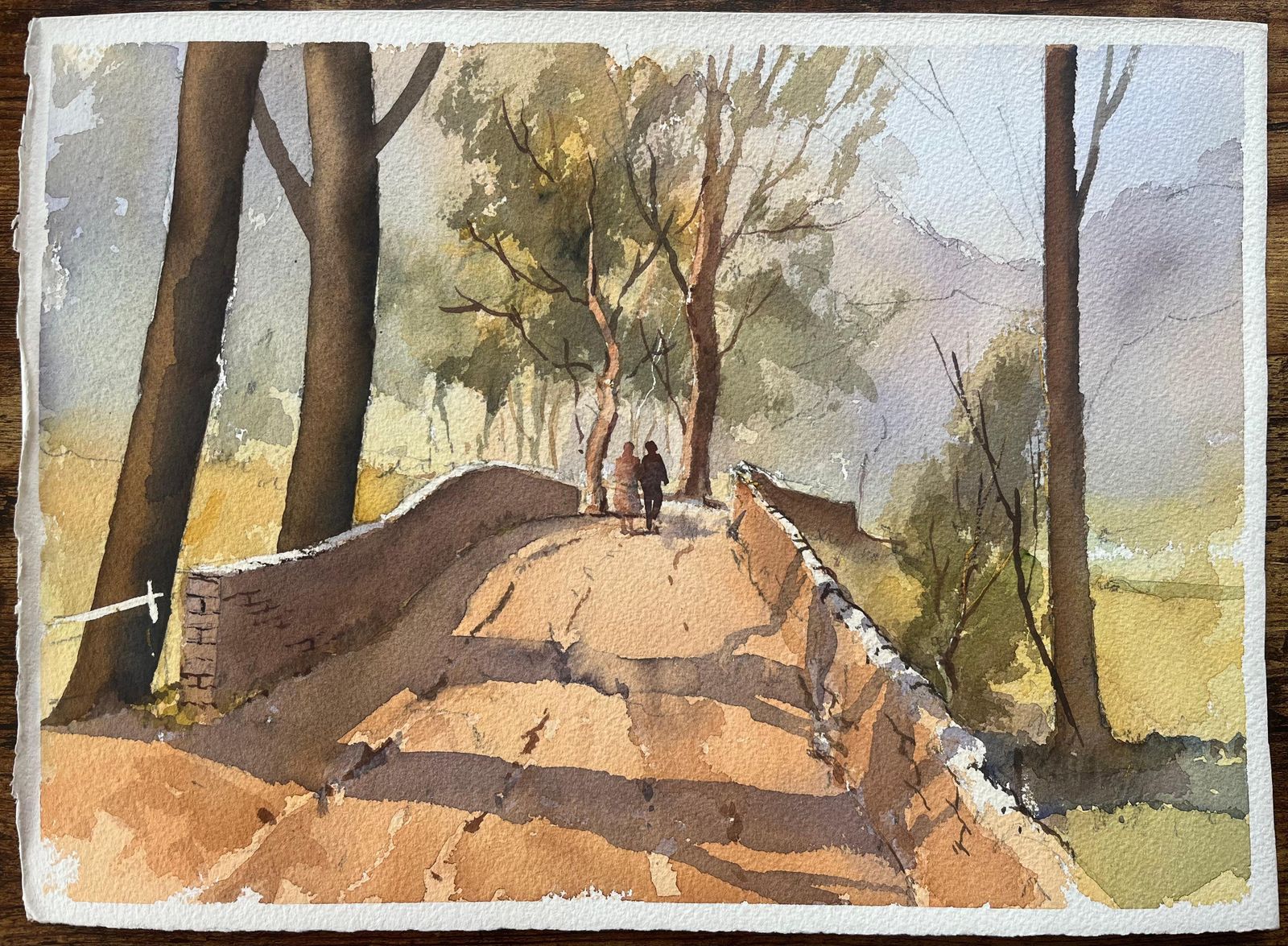 British Impressionist Watercolor Of Countryside Walk Over A Stone Bridge photo furniture