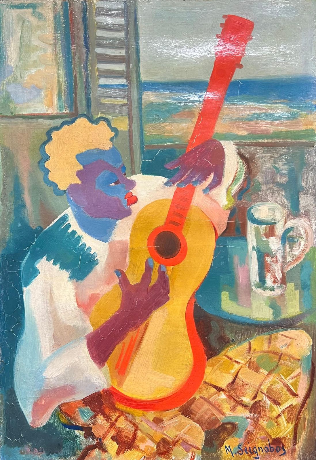 Vibrant Cubist Portrait Of A Musician With Guitar Mid 20th Century Painting