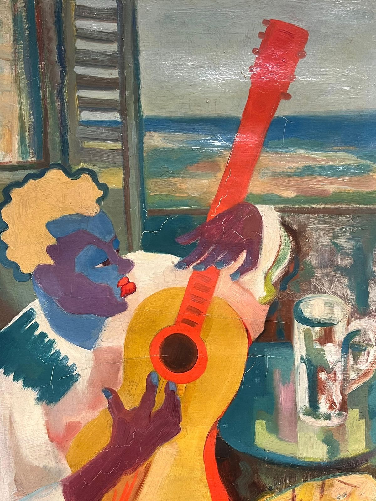 Vibrant Cubist Portrait Of A Musician With Guitar Mid 20th Century Painting photo for sale