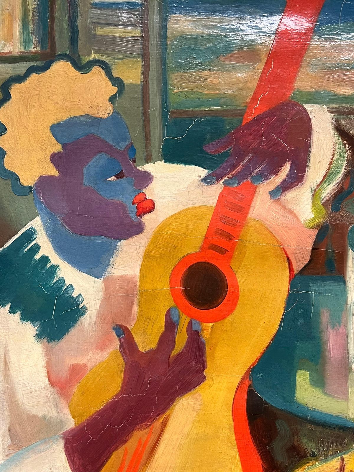 Vibrant Cubist Portrait Of A Musician With Guitar Mid 20th Century Painting photo 1600.0