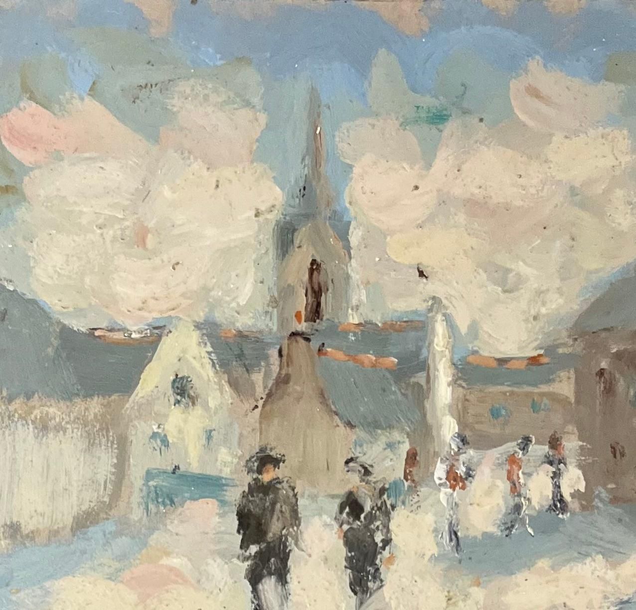 French Impressionist Oil Painting Of Village Scene With Strolling Figures 20th Century photo 535.0