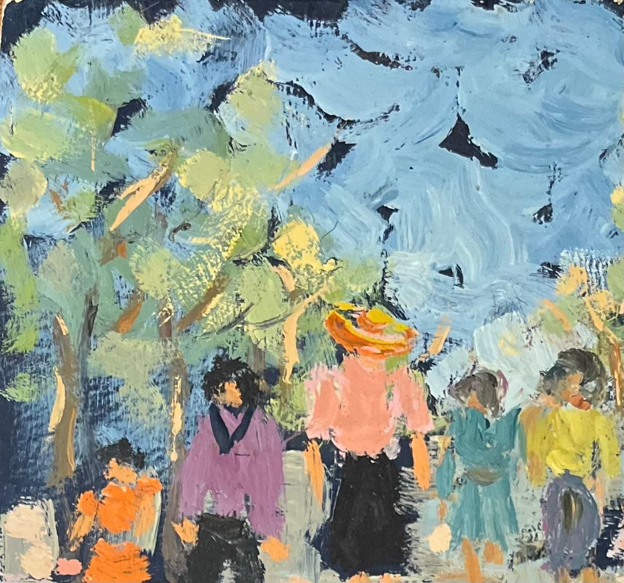 French Impressionist Oil Painting Of Figures Walking Through A Sunlit Park photo vinterior