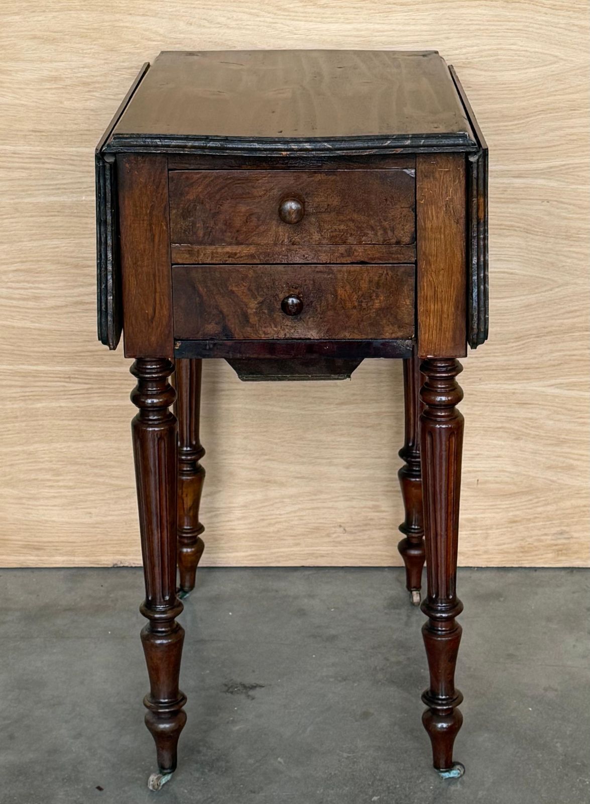 Victorian Wood Drop Leaf Side Table With Turned Legs And Wheels. 2 Available photo furniture