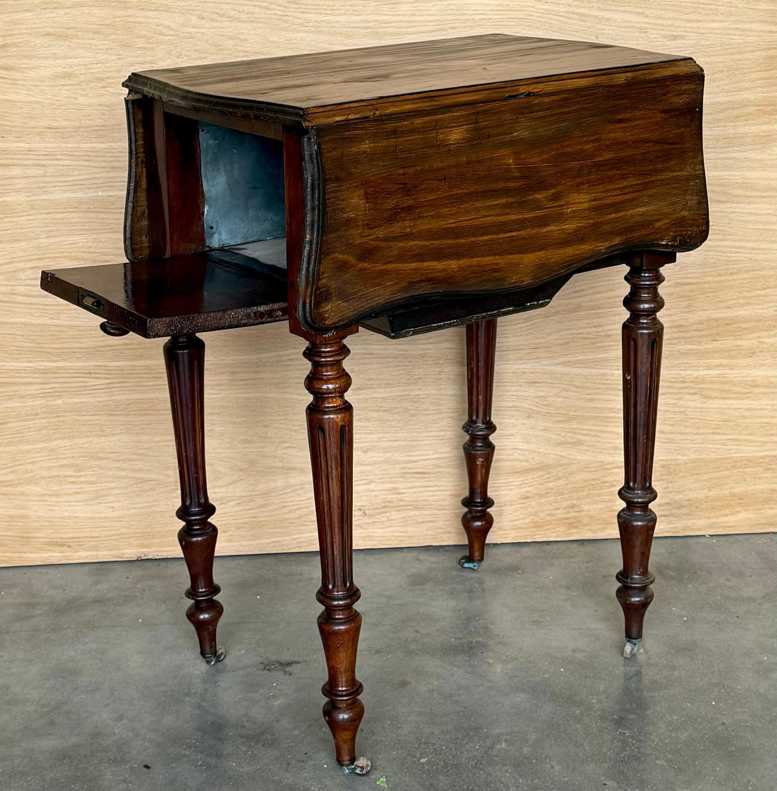photo furniture Victorian Wood Drop Leaf Side Table With Turned Legs And Wheels. 2 Available