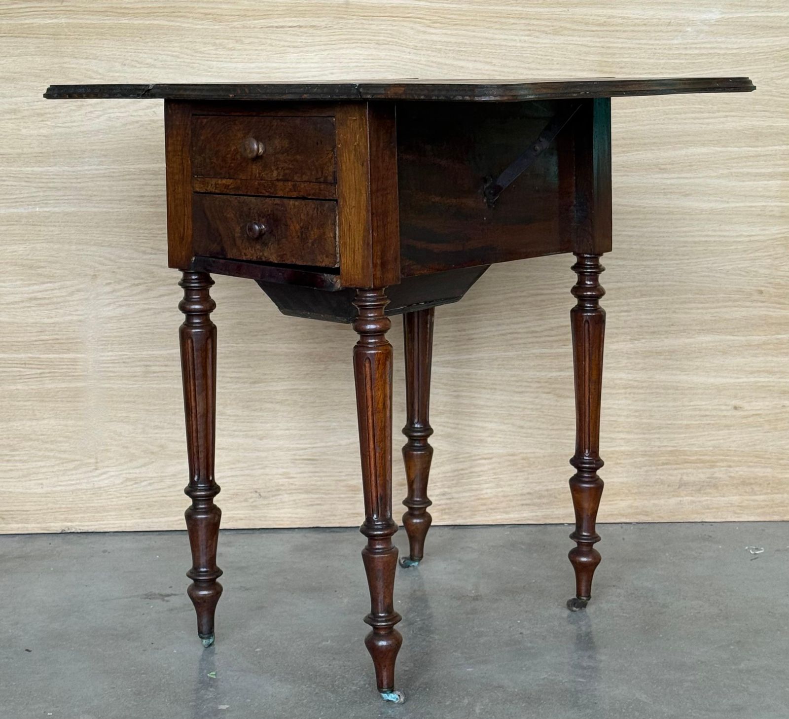 photo vintage Victorian Wood Drop Leaf Side Table With Turned Legs And Wheels. 2 Available