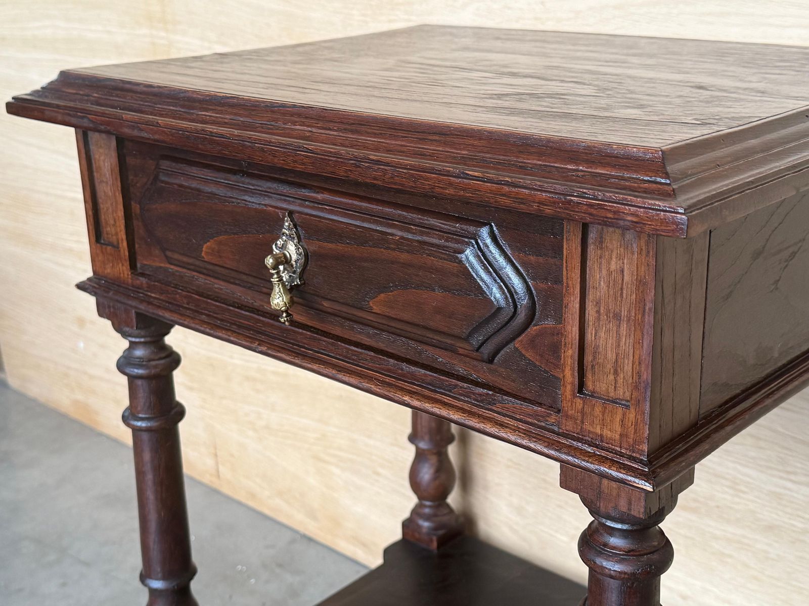 Pair Of Spanish Nightstands With One Drawer And Low Shelve photo vintage