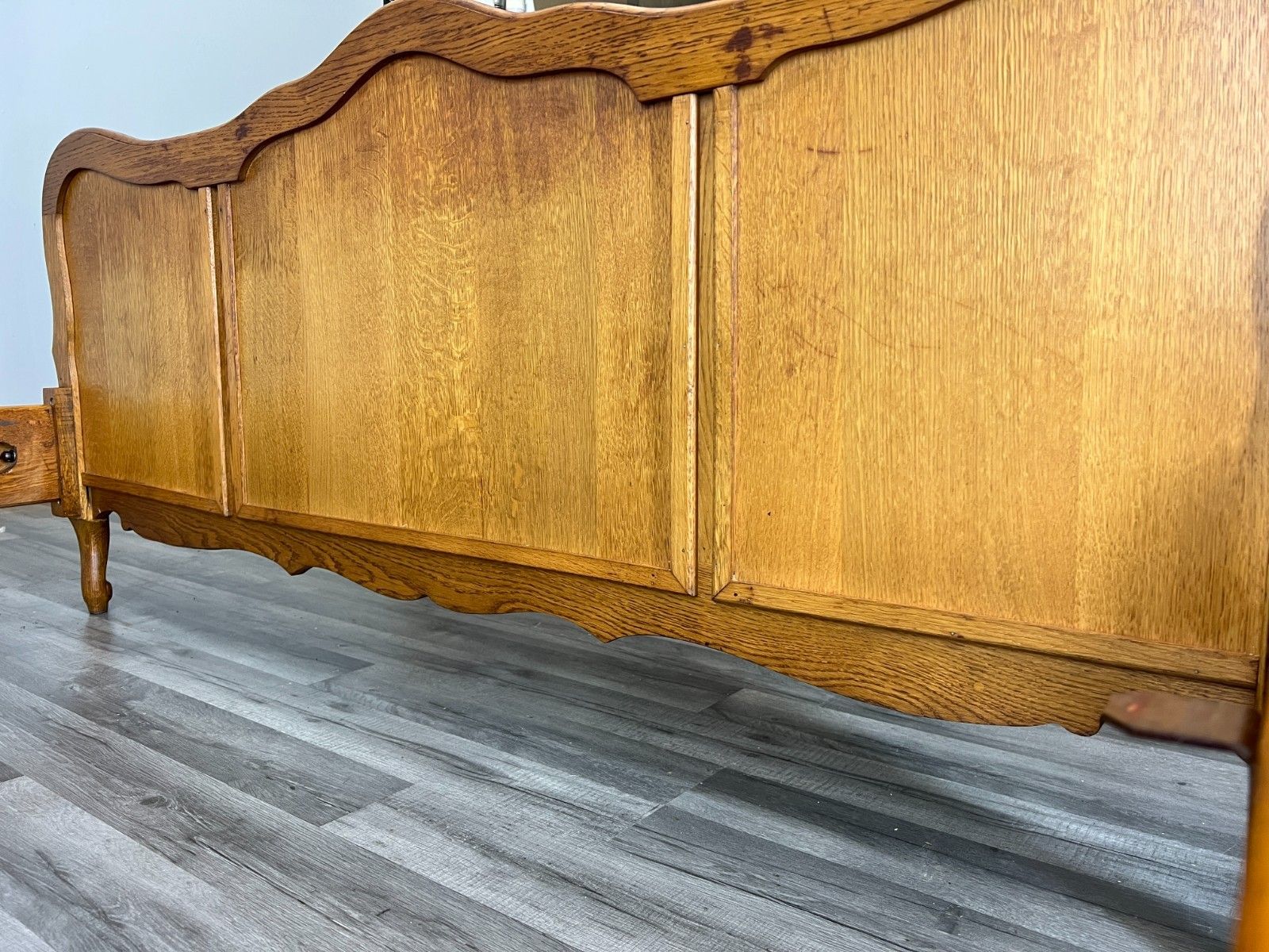 photo for sale Bed Vintage French Louis XVI Double Bed Frame Oak Carved Headboard Lot 4617