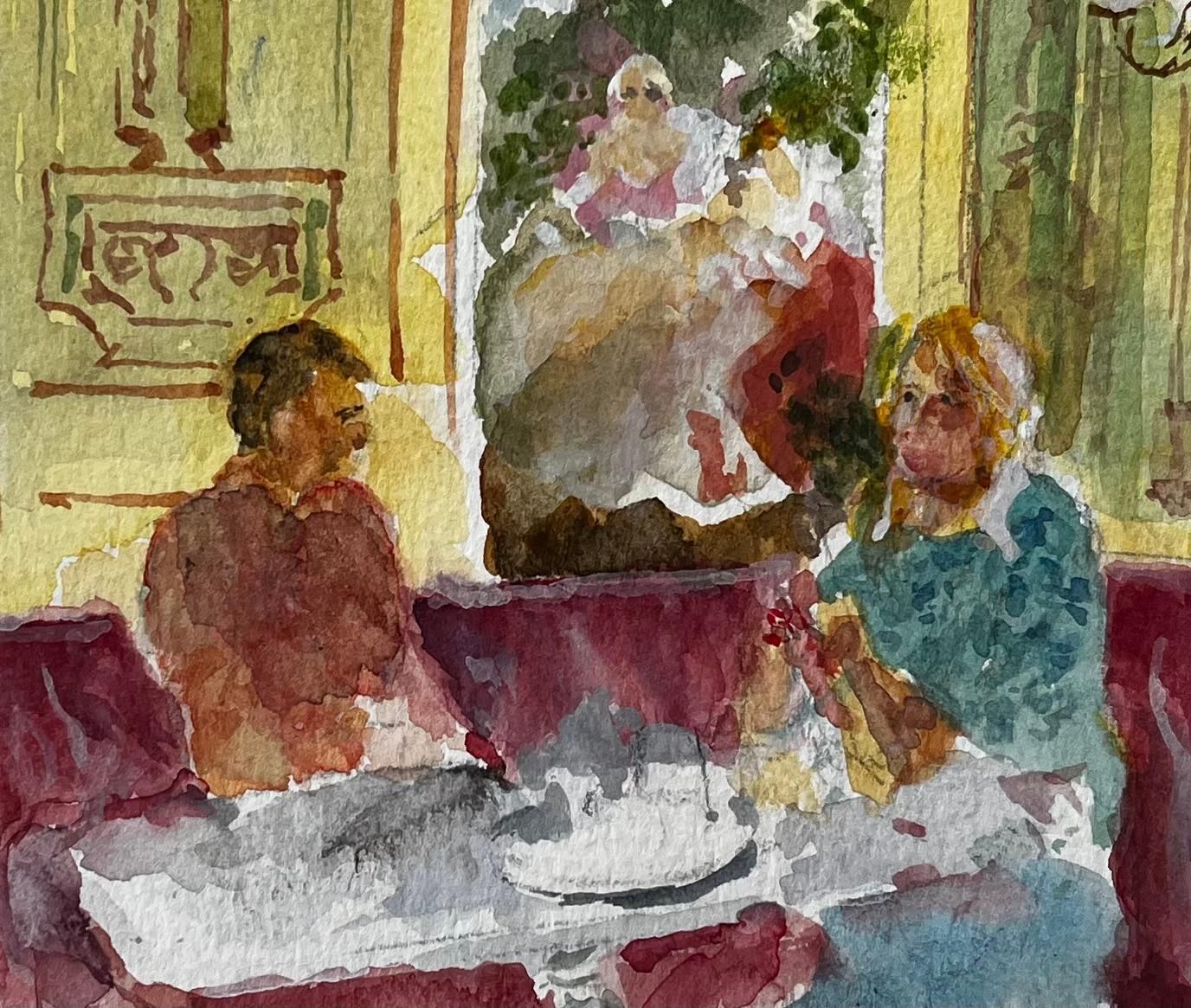 Anthony Herbert Café Interior With Man And Woman Seated Burgundy Banquette And Parisian Décor photo buy