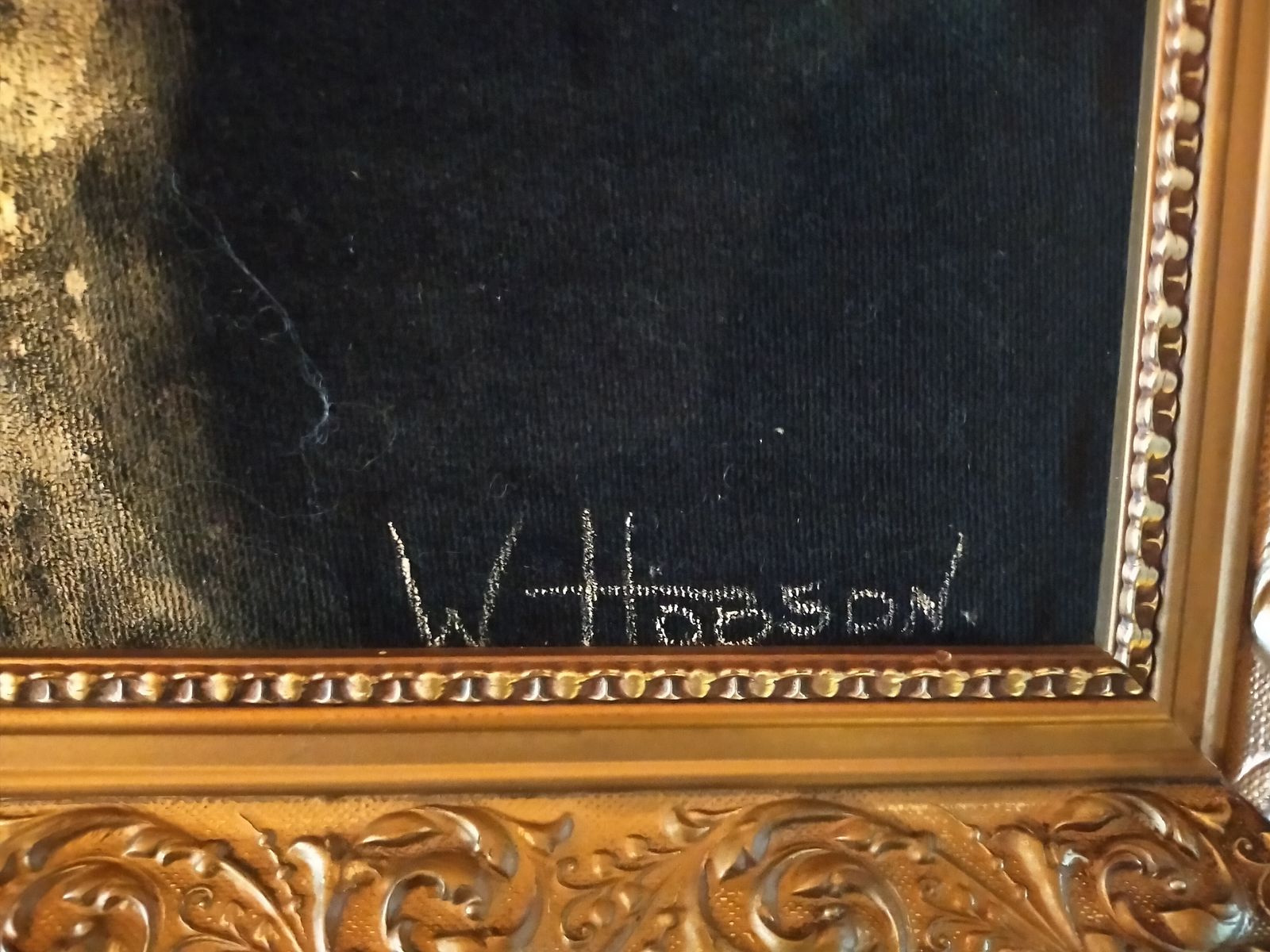 W.Hobson Painting. An Expressive And Atmospheric Portrait Of Two German Shepherds In A High Quality Ornate Gilt Frame. Painted On Material With The Touch Of Velvet. photo furniture