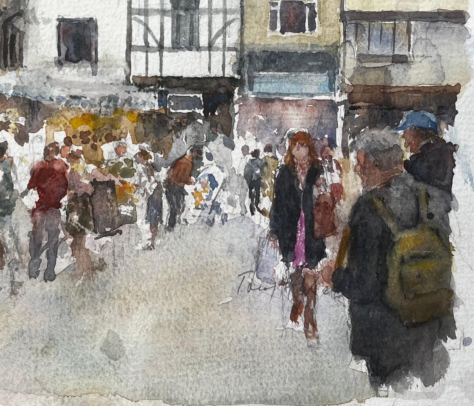 Anthony Herbert Kingston Market London Watercolour Of Bustling Street Scene With Tudor Facade photo Art