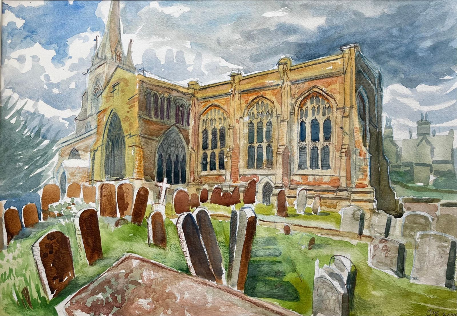 John Steane (B.1931) Adderbury Church Oxfordshire Watercolour With Gravestones And Dramatic Sky 2000