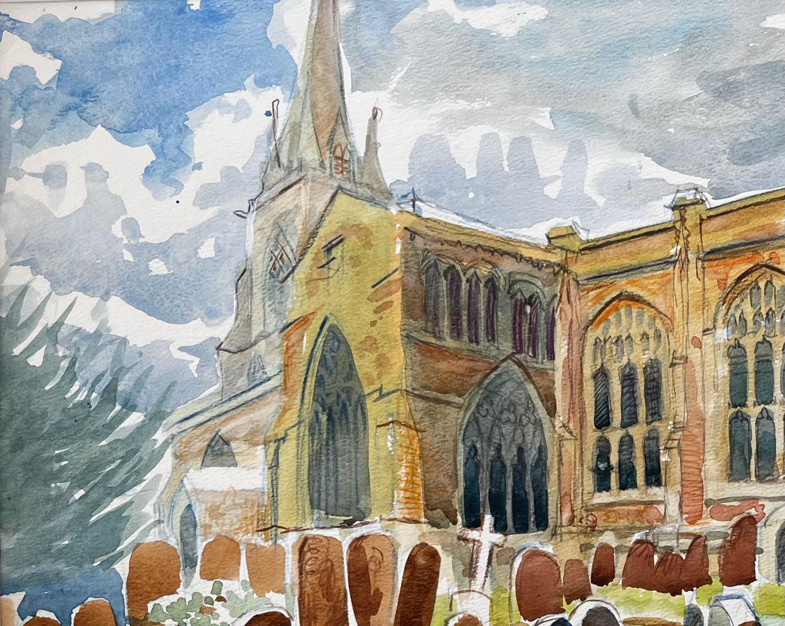 John Steane (B.1931) Adderbury Church Oxfordshire Watercolour With Gravestones And Dramatic Sky 2000 photo for sale