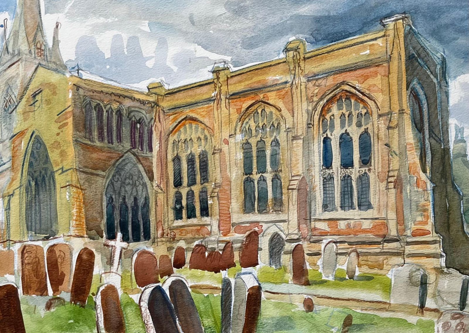 John Steane (B.1931) Adderbury Church Oxfordshire Watercolour With Gravestones And Dramatic Sky 2000 photo buy