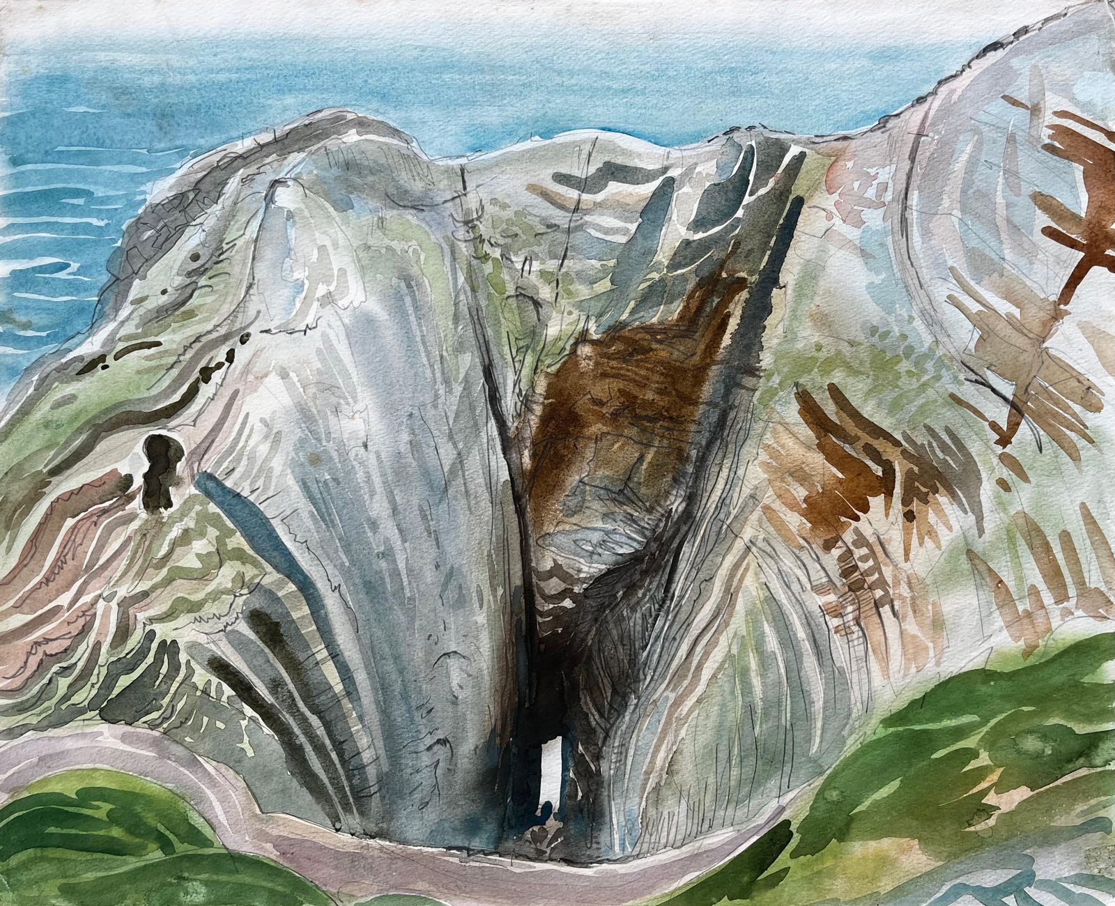 John Steane (B.1931) Dramatic Coastal Cliff Chasm And Sea View Expressive Watercolour By John Steane