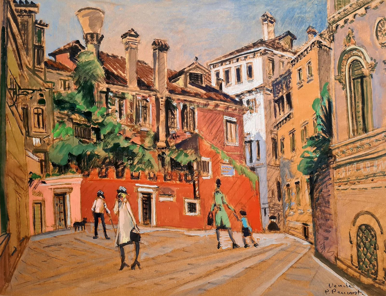 Venice, Large Mid 20th Century Gouache On Paper, A Walk In The Piazza, 1960s By Pierre Pruvost