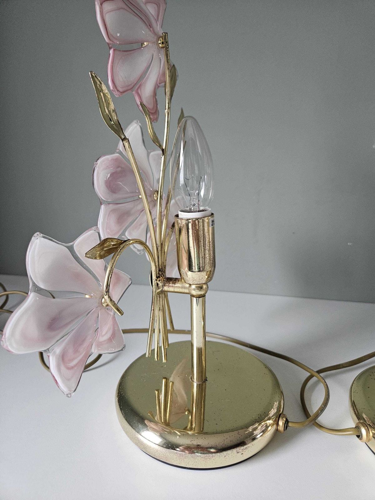 A Set Of 2 / Vintage Murano Glass Table Lamps / Pink Flowers Lamp / Italian Design / Hand Blown Glass photo vintage