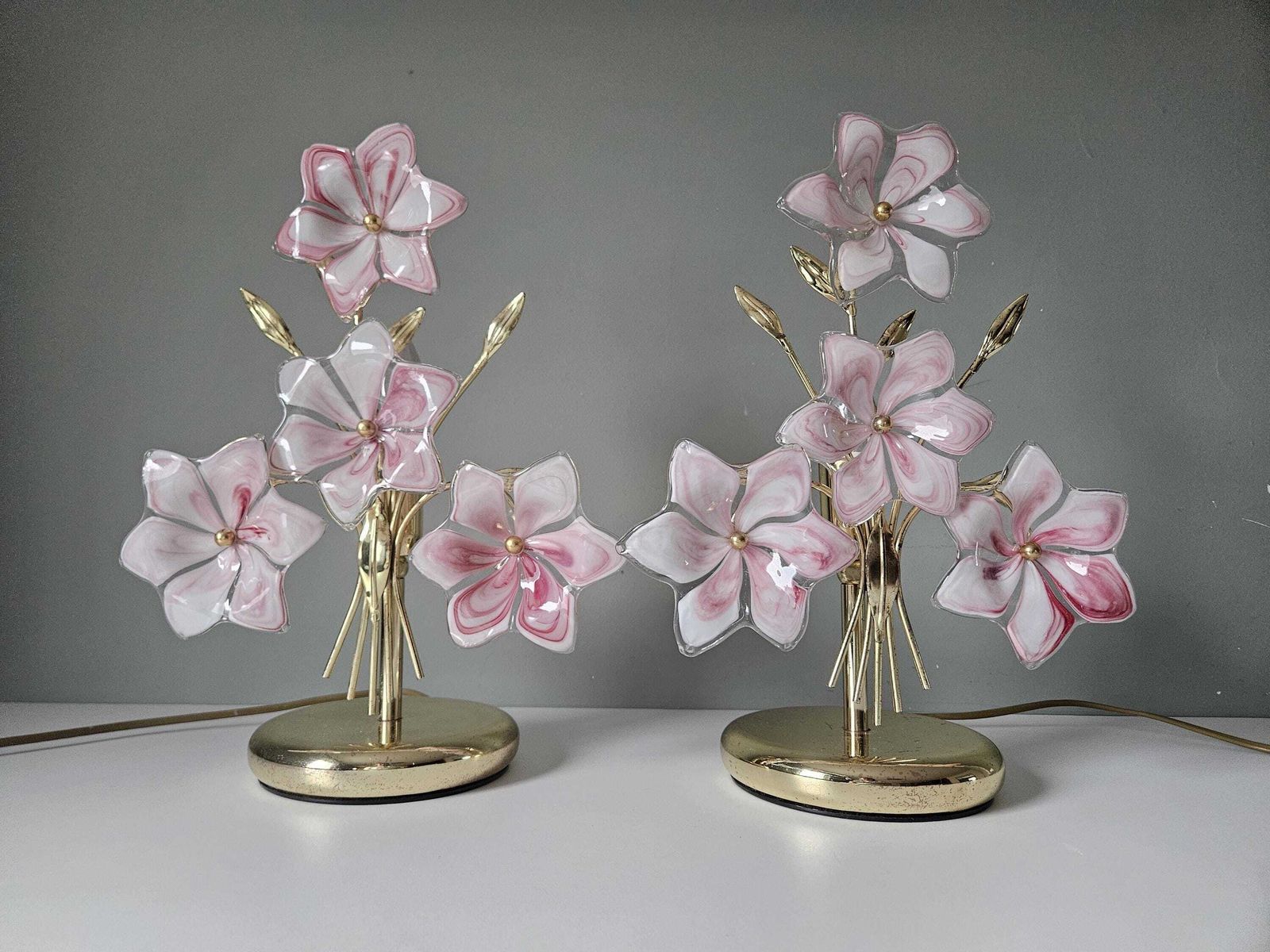 714.0 A Set Of 2 / Vintage Murano Glass Table Lamps / Pink Flowers Lamp / Italian Design / Hand Blown Glass photo