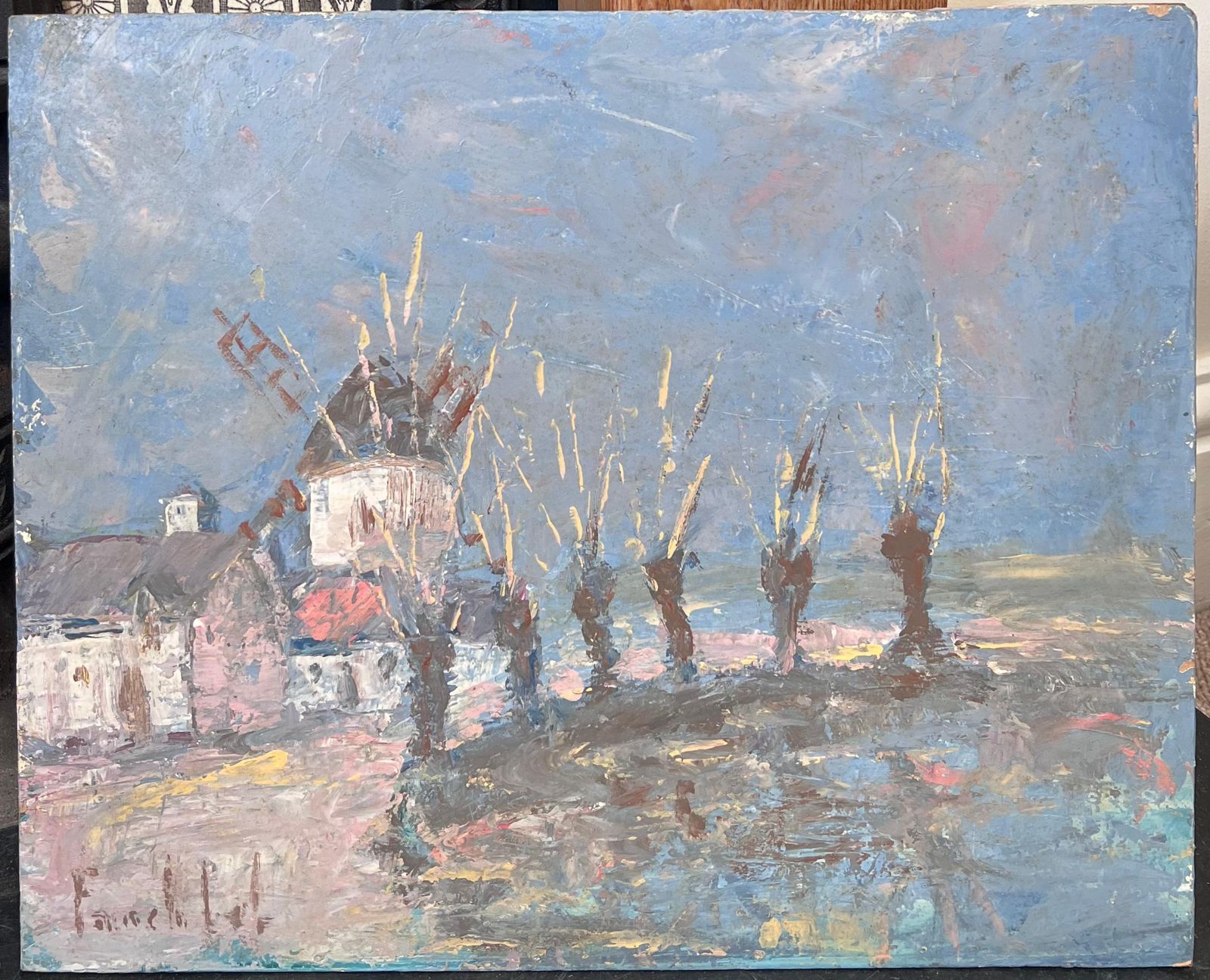 Fanch Lel Spiky Yellow Trees Lining The Town Windmill French Landscape Oil Painting photo furniture
