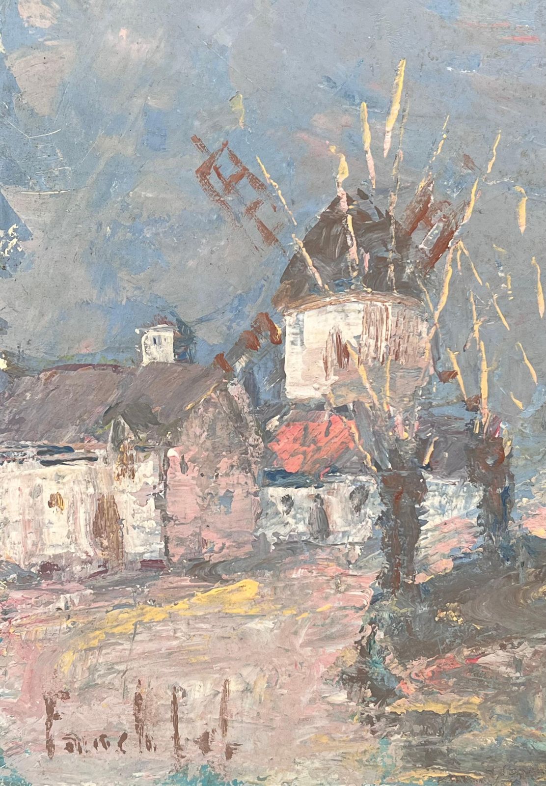 Fanch Lel Spiky Yellow Trees Lining The Town Windmill French Landscape Oil Painting photo 495.0