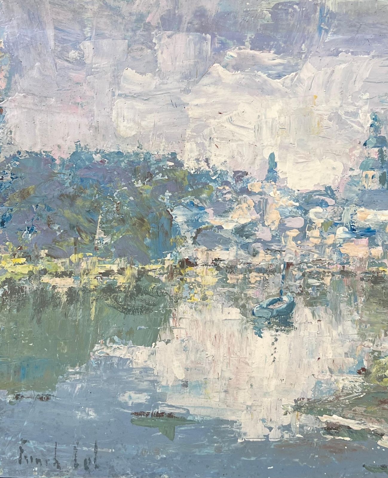 Fanch Lel Boat In Dappled Lake Blurred Town French Landscape Oil Painting photo for sale