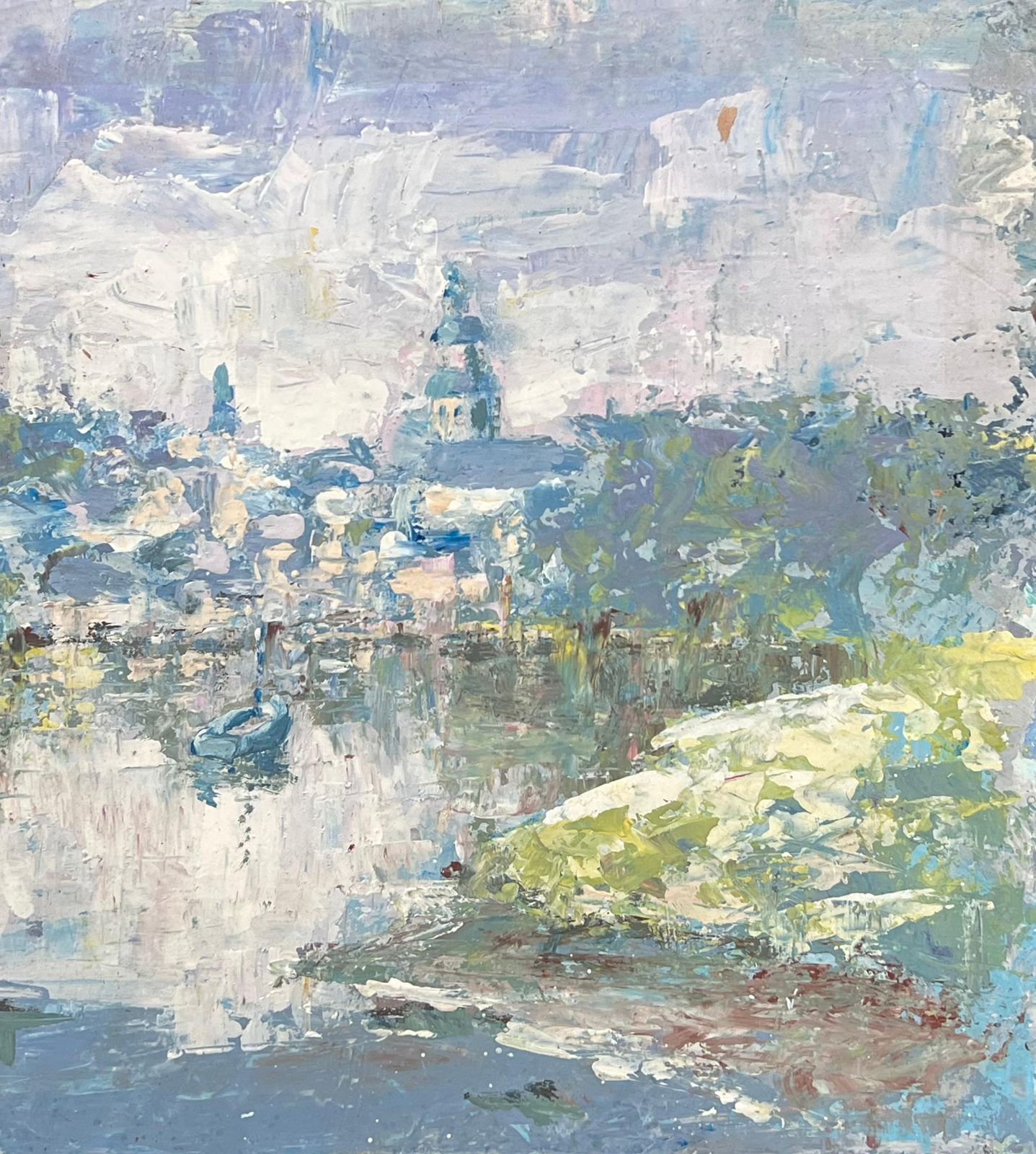 Fanch Lel Boat In Dappled Lake Blurred Town French Landscape Oil Painting photo vinterior