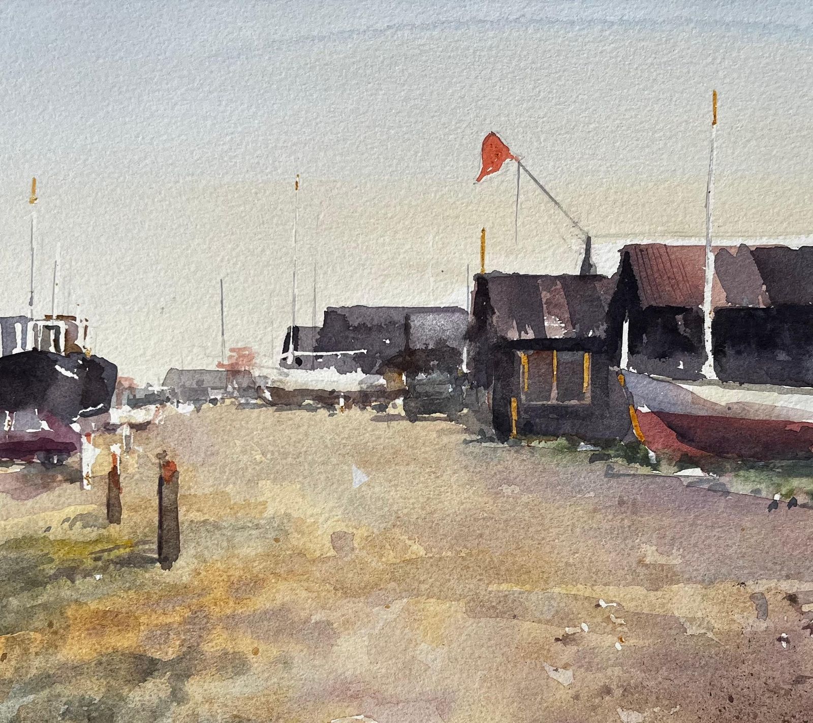 Anthony Herbert Coastal Boatyard With Fishing Huts Beached Boats And Red Flag Watercolour Scene photo Art