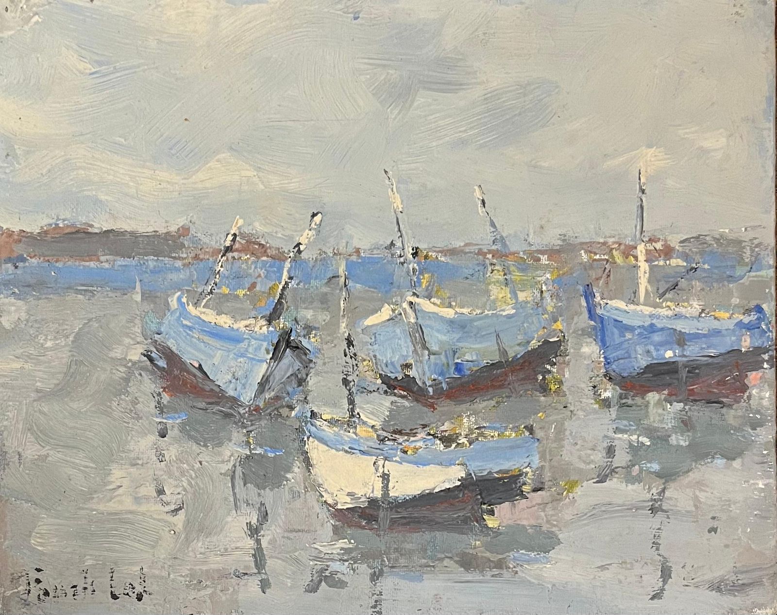 French Impressionist Oil Painting Of Boats Moored In A Tranquil Harbor