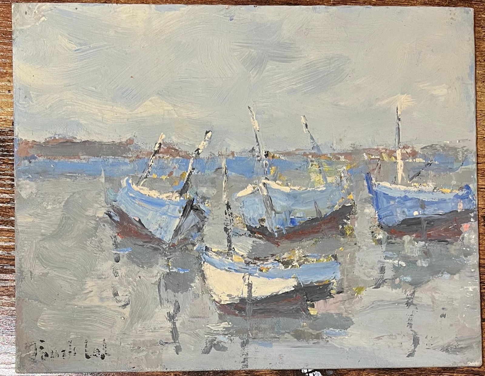 French Impressionist Oil Painting Of Boats Moored In A Tranquil Harbor photo furniture