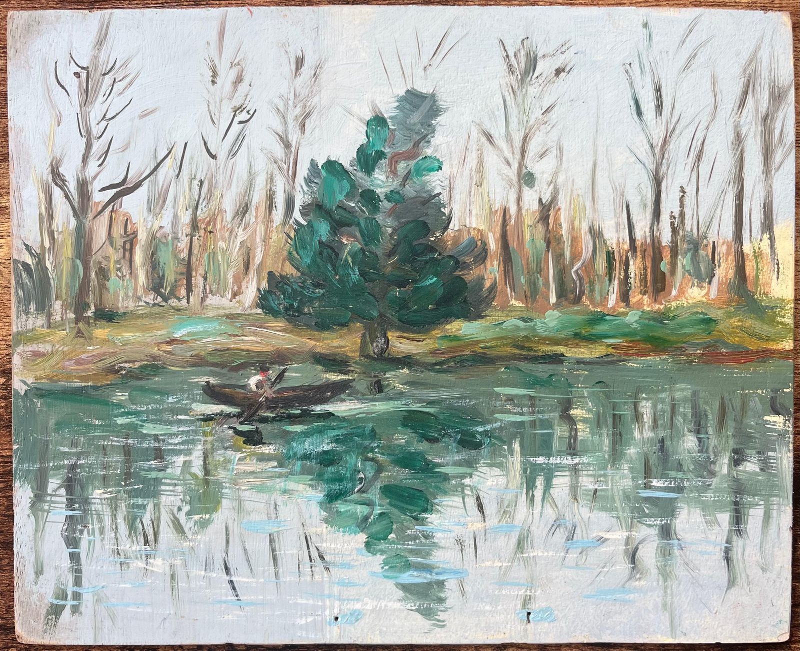 French Impressionist Oil Painting Of A Figure Rowing Along A Tranquil River photo furniture