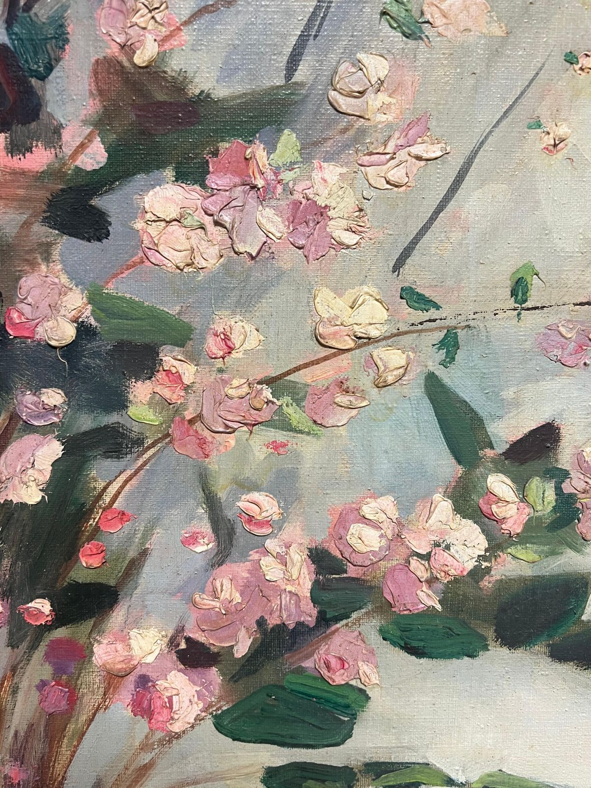 Huge Mid Century French Oil Floral Still Life Pink Blossoms In Terracotta Vase Mid 20th Century photo for sale