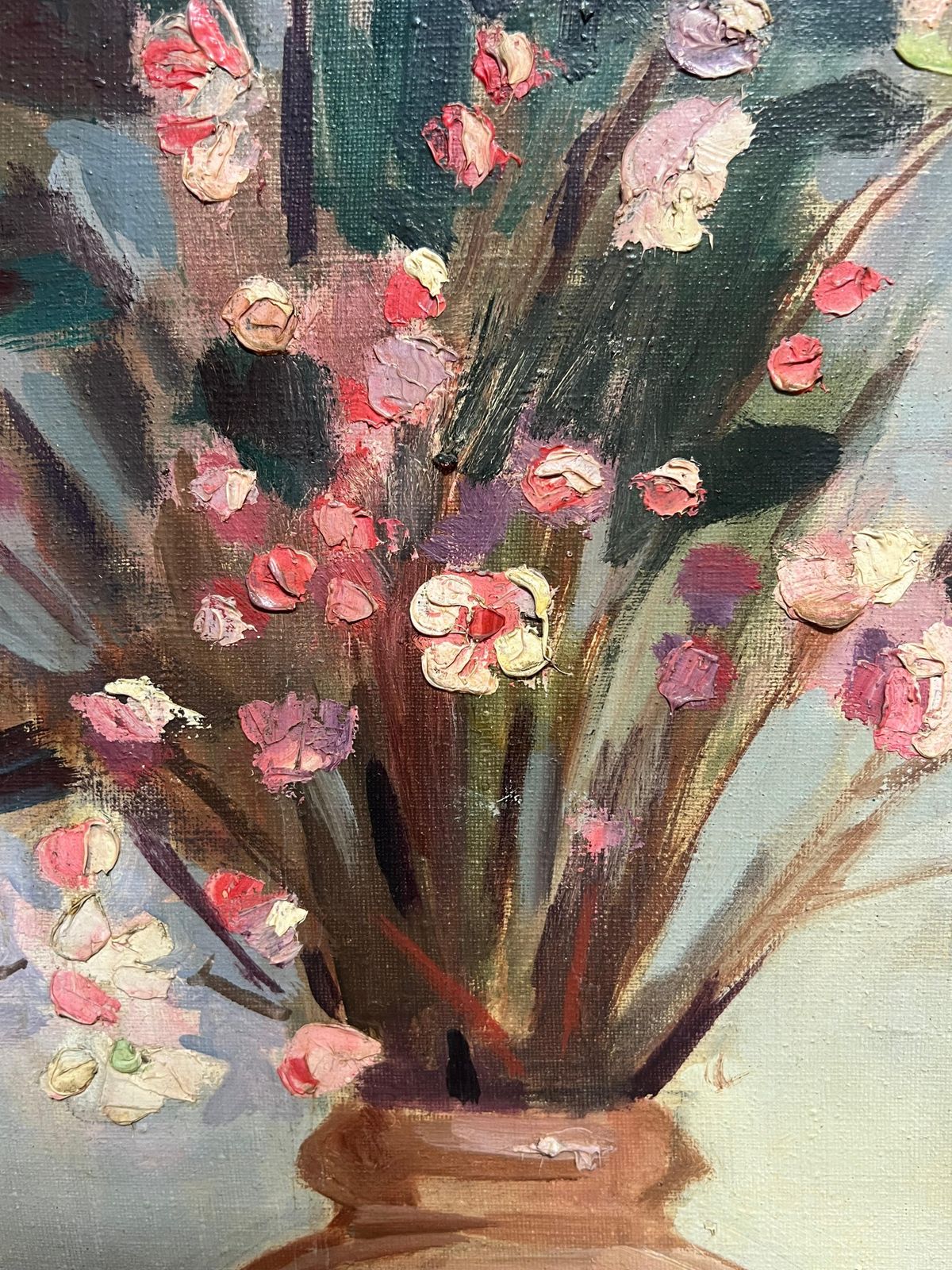 Huge Mid Century French Oil Floral Still Life Pink Blossoms In Terracotta Vase Mid 20th Century photo buy