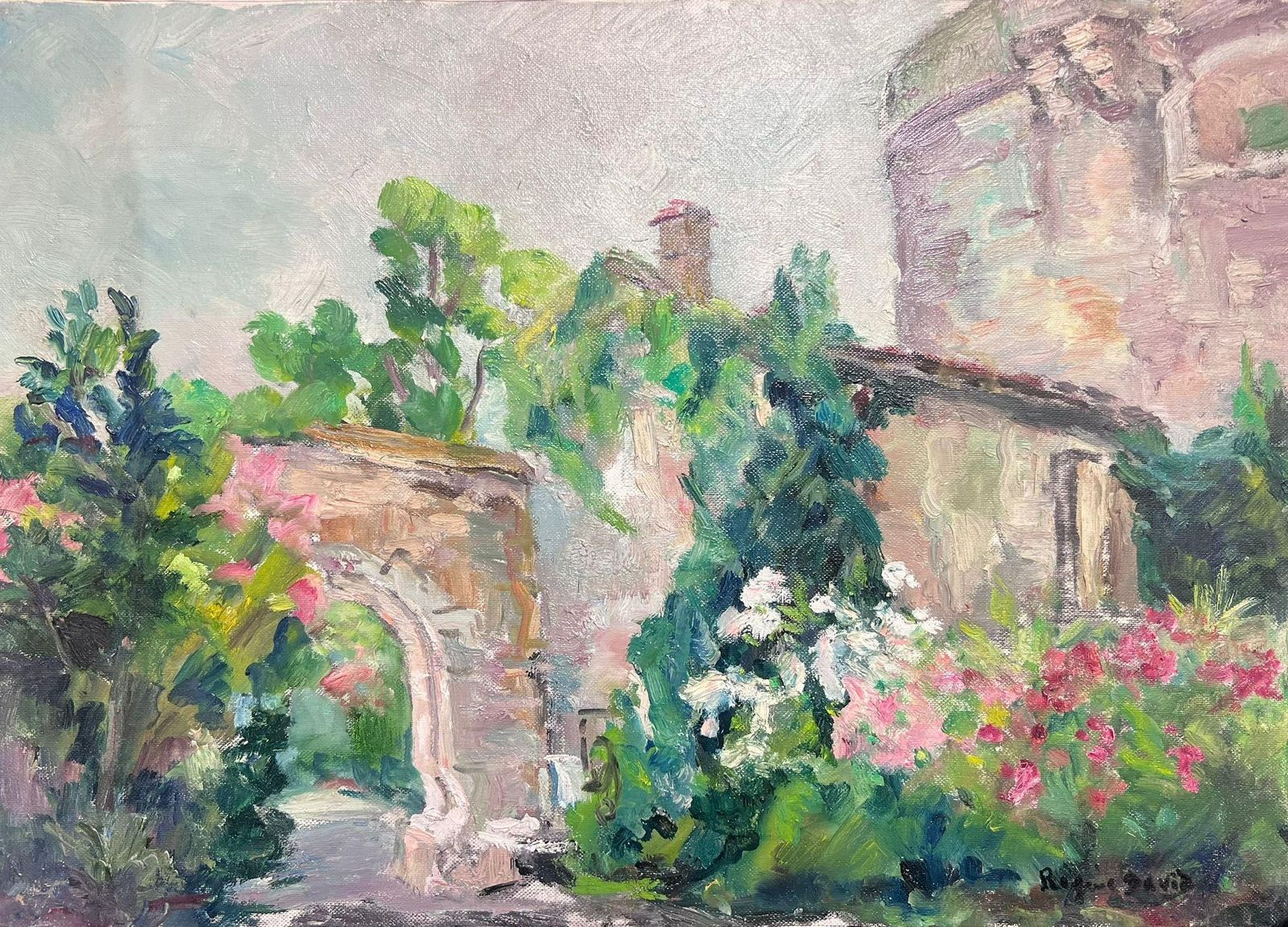 Mid 20th Cent French Post Impressionist Oil Old Fortress Chateau Flower Gardens 1950