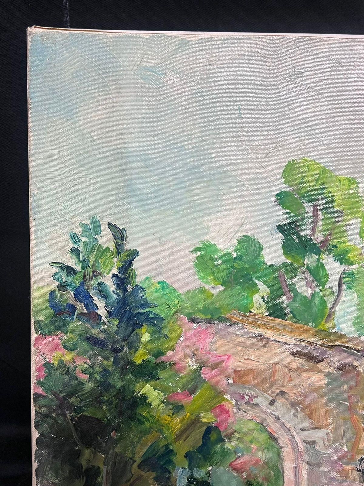 Mid 20th Cent French Post Impressionist Oil Old Fortress Chateau Flower Gardens 1950 photo for sale