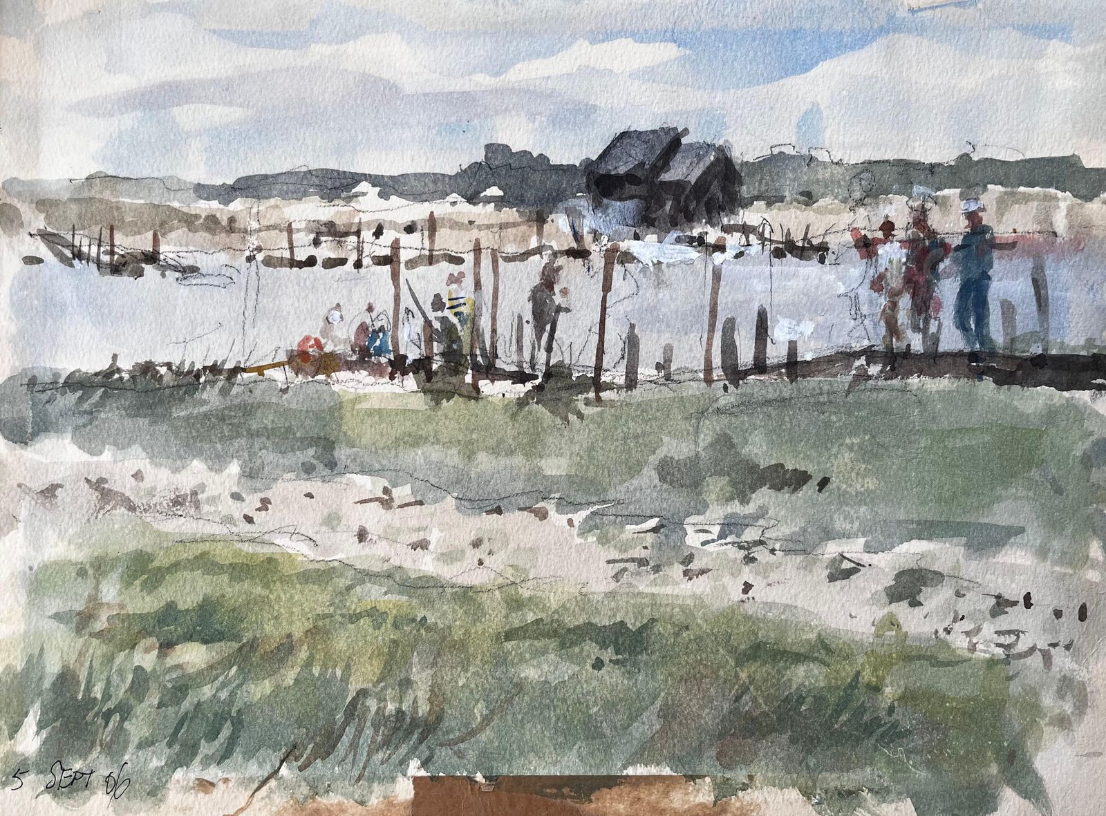 Anthony Herbert Original Watercolour Riverside Jetty With Figures 2006 By Tony Herbert 2006