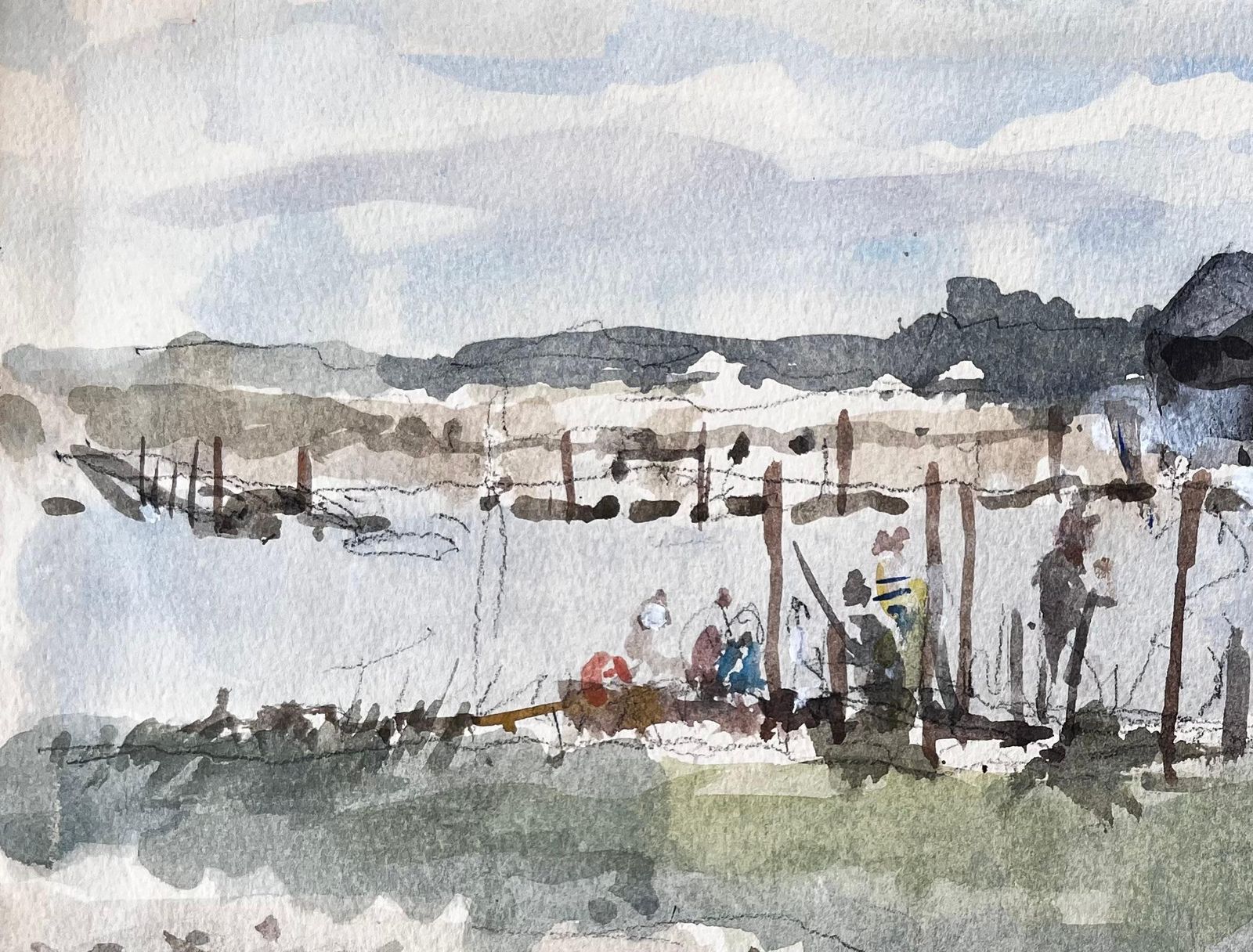 Anthony Herbert Original Watercolour Riverside Jetty With Figures 2006 By Tony Herbert 2006 photo Art