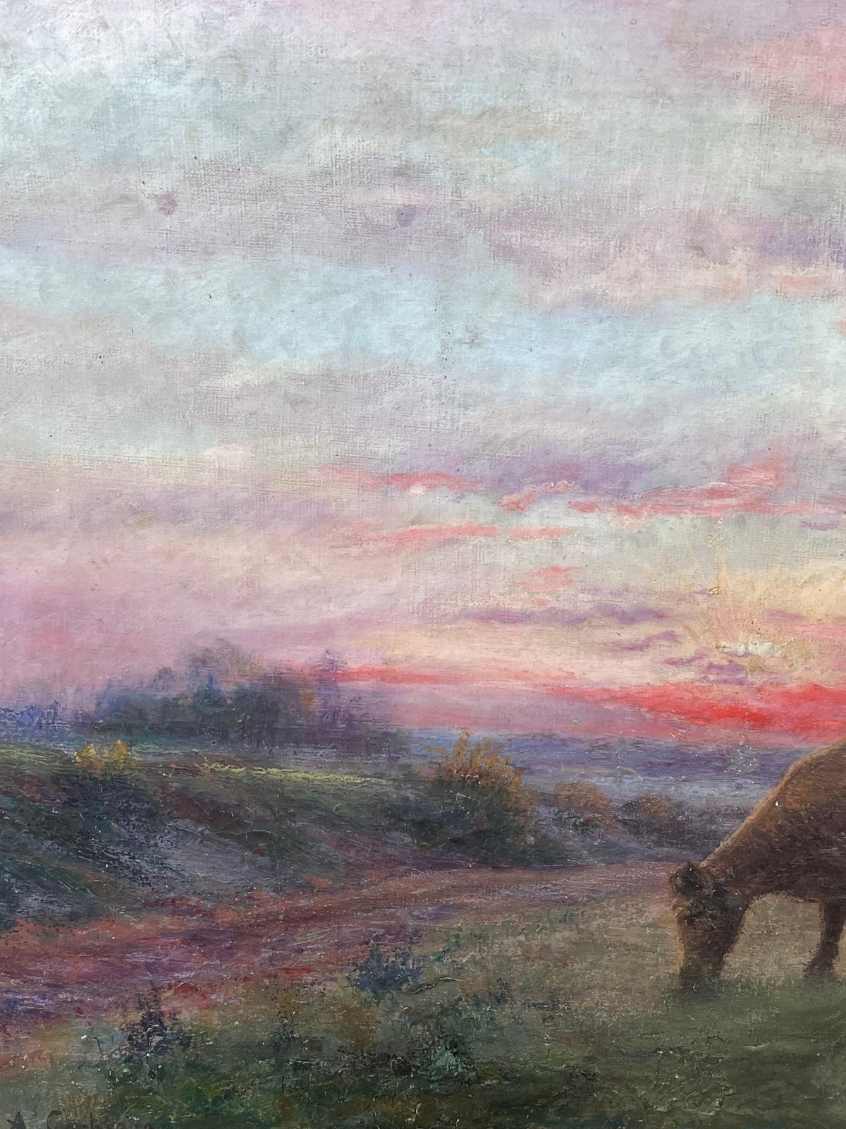 French School Antique French Romantic Signed Oil Painting Farmer & Cow Sunset Field Landscape photo for sale