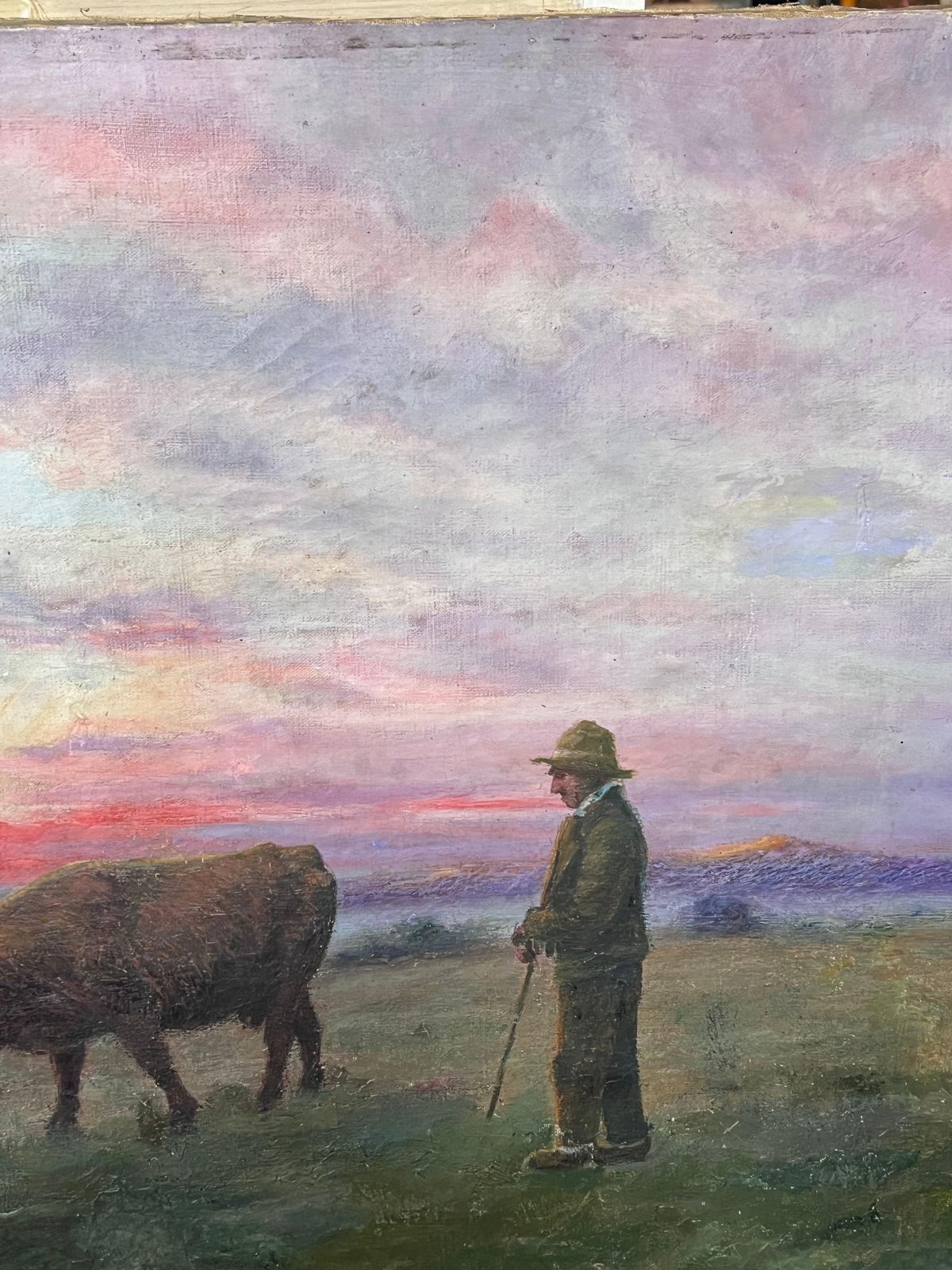French School Antique French Romantic Signed Oil Painting Farmer & Cow Sunset Field Landscape photo 780.0