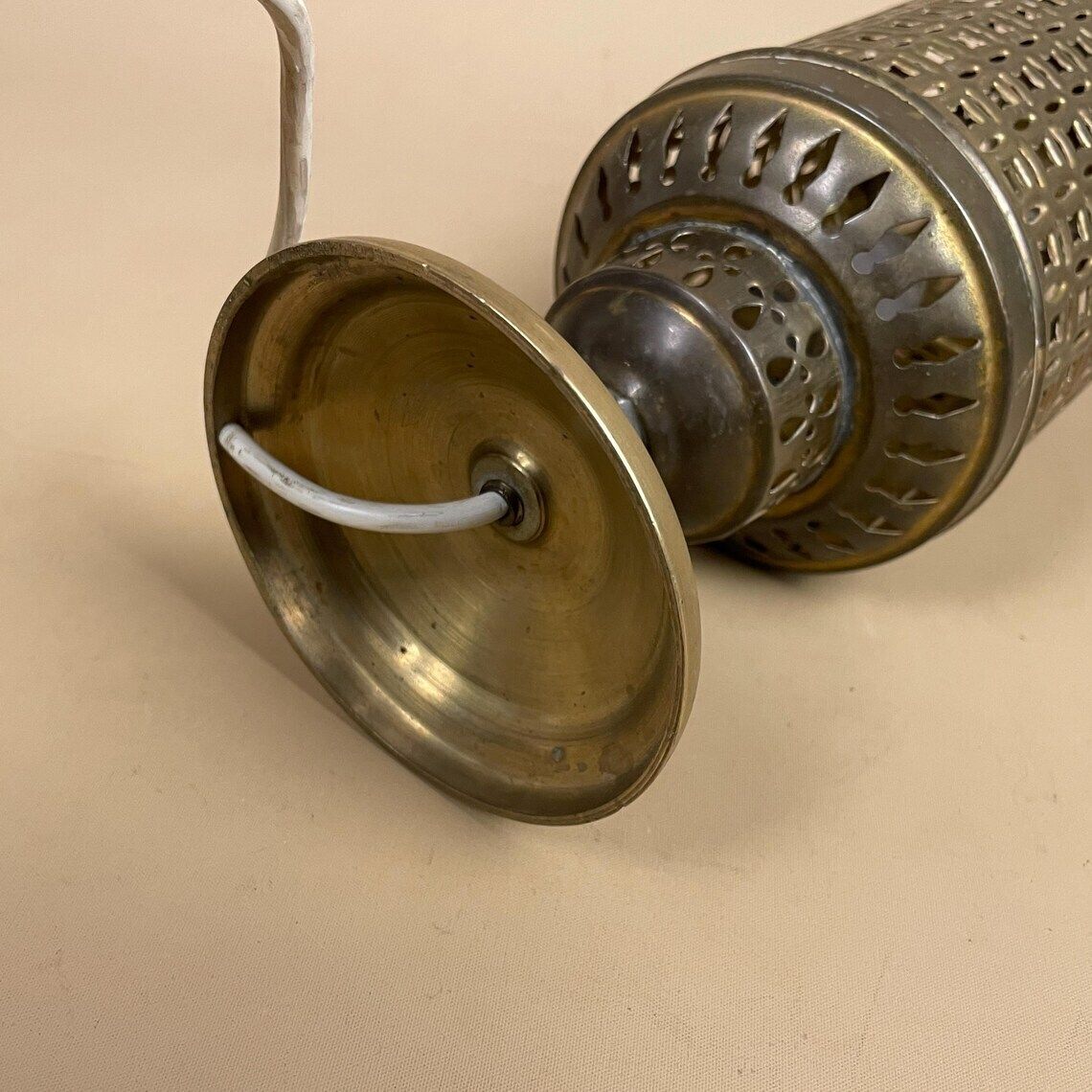 Antique Moroccan Brass Gold Metal Lamp Light Bedside Side Table Desk Ornate Detail Vintage Handmade Patterned Cylinder Lantern Marrakech Lid photo buy