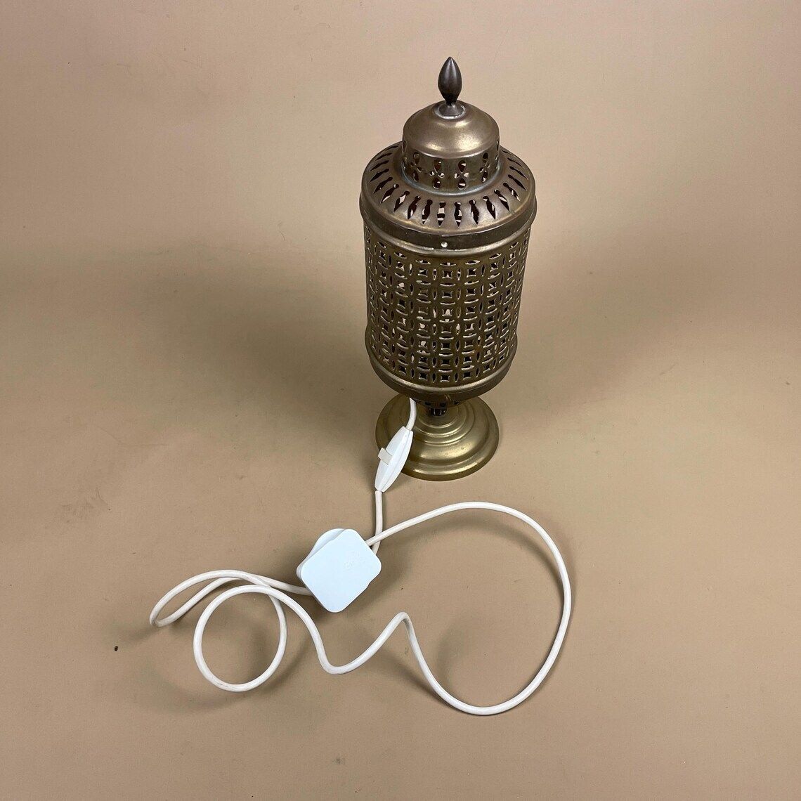 photo for sale Antique Moroccan Brass Gold Metal Lamp Light Bedside Side Table Desk Ornate Detail Vintage Handmade Patterned Cylinder Lantern Marrakech Lid