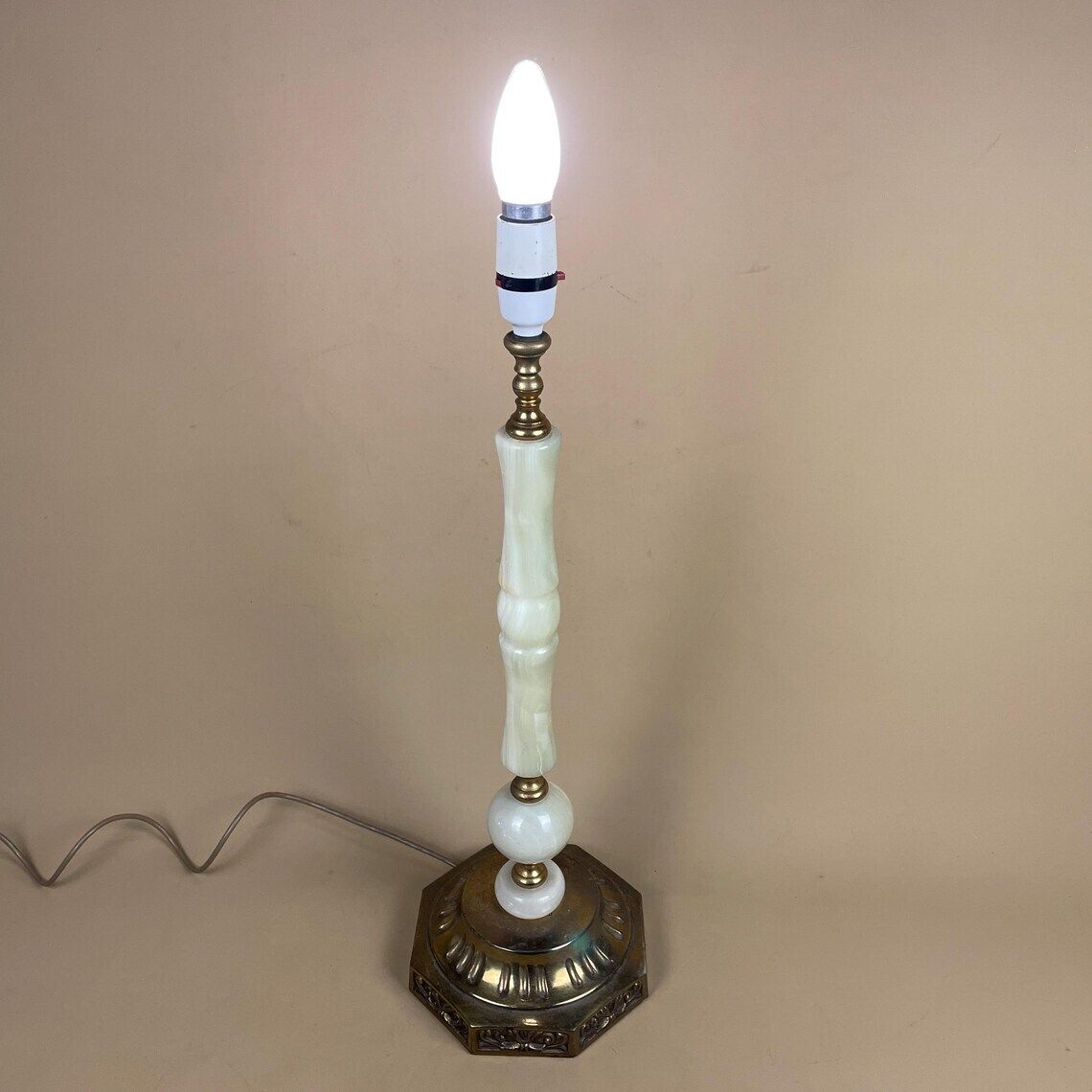 photo for sale Antique Vintage Marble Stone Lamp Green Light Table Bedside Desk Lamp Colours Natural Patterns Ornate Octagon Base Onyx Brass Metal Gold