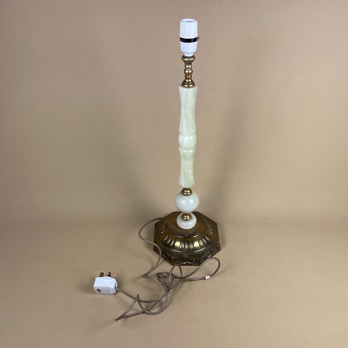 Lighting Antique Vintage Marble Stone Lamp Green Light Table Bedside Desk Lamp Colours Natural Patterns Ornate Octagon Base Onyx Brass Metal Gold photo