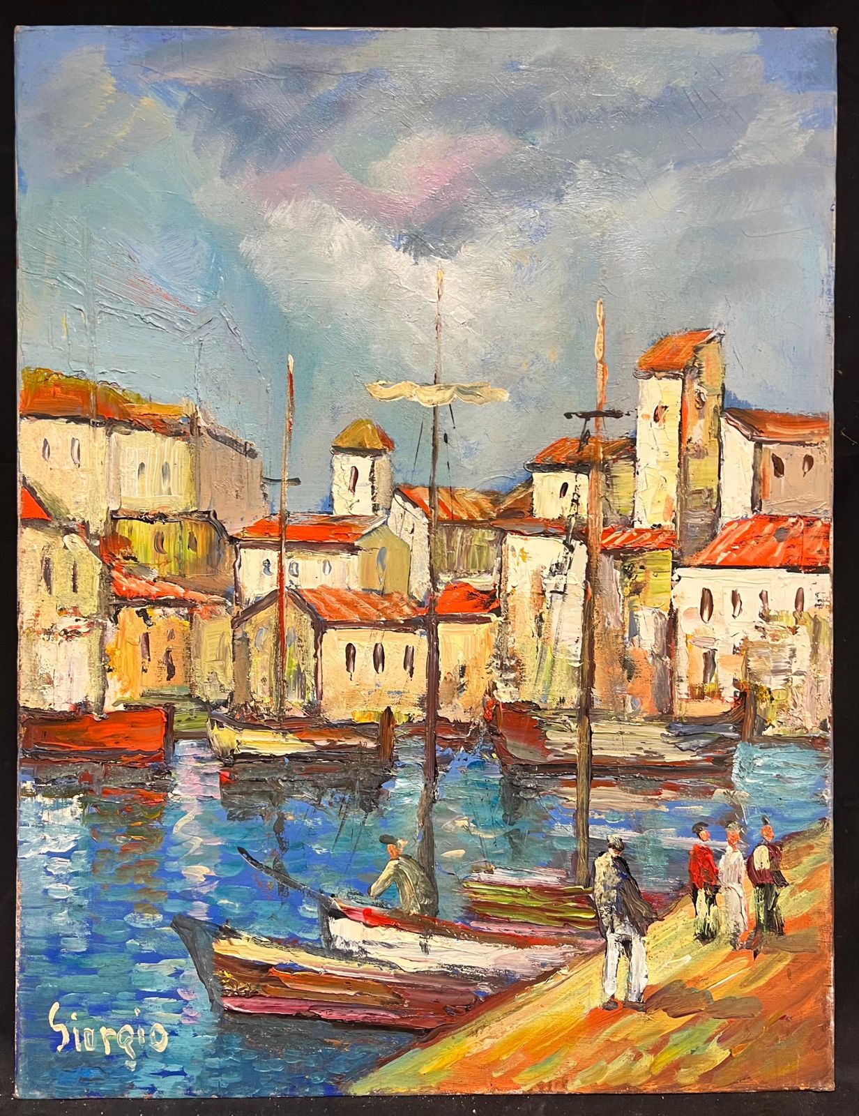 French School 1970's French Mediterranean Harbor Scene Vibrant Coastal Village Boats Figures photo furniture