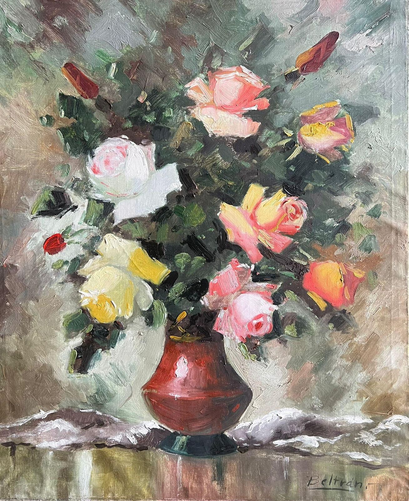 French School Mid 20th Century French Vintage Floral Still Life With Roses In A Red Vase