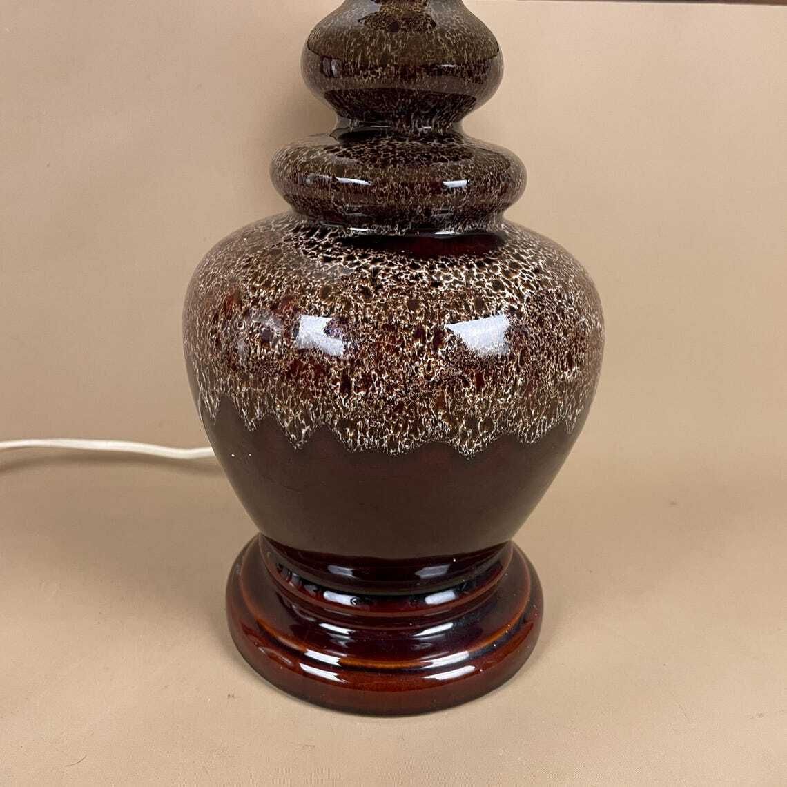 Ceramic Table Lamp Light Brown Mottled Speckled Round Glaze Finish C.1970's Porcelain Bedside Abstract Antique Vintage Marbled Lampshade photo for sale