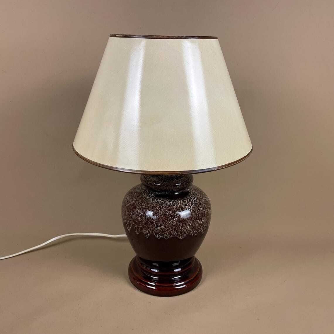 Ceramic Table Lamp Light Brown Mottled Speckled Round Glaze Finish C.1970's Porcelain Bedside Abstract Antique Vintage Marbled Lampshade photo Lighting