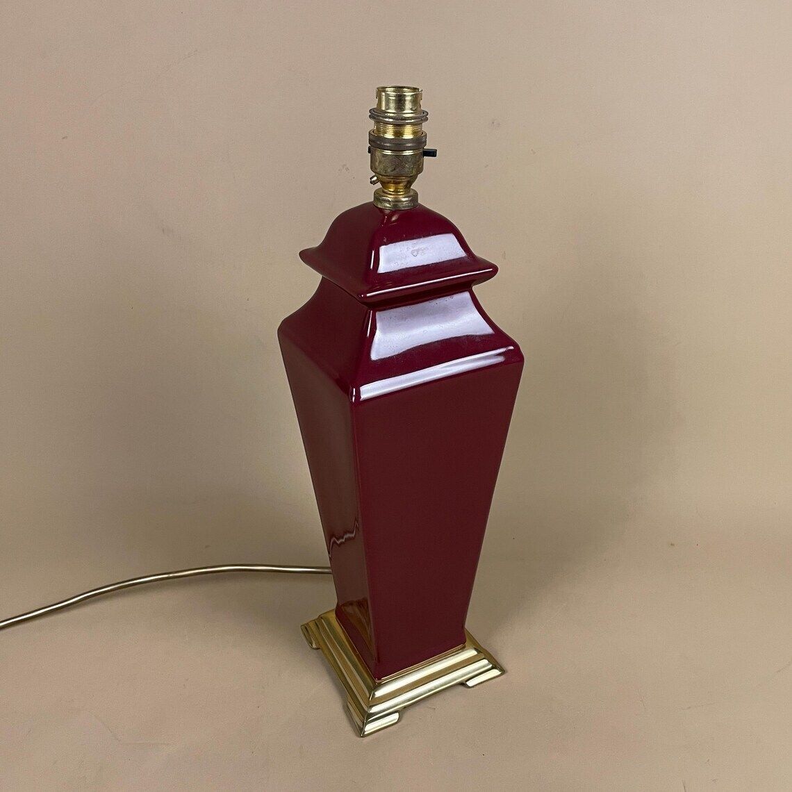 Ceramic Lamp Light Bedside Table Glazed Dark Burgundy Red Antique Gold Brass Metal Base Vase Vintage Elegant Classic