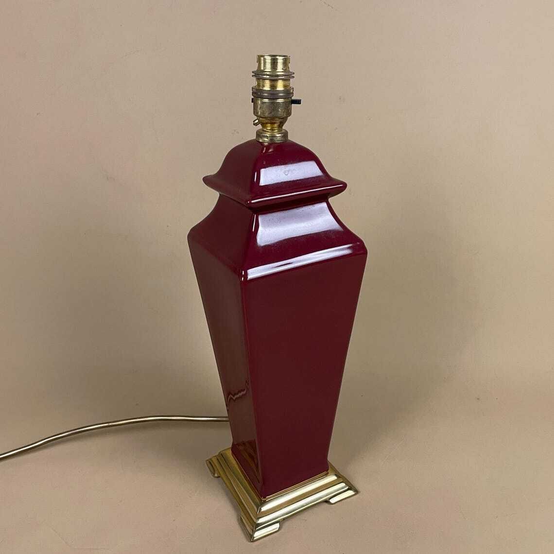Ceramic Lamp Light Bedside Table Glazed Dark Burgundy Red Antique Gold Brass Metal Base Vase Vintage Elegant Classic photo for sale