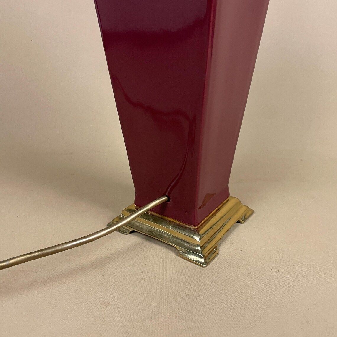 Ceramic Lamp Light Bedside Table Glazed Dark Burgundy Red Antique Gold Brass Metal Base Vase Vintage Elegant Classic photo buy