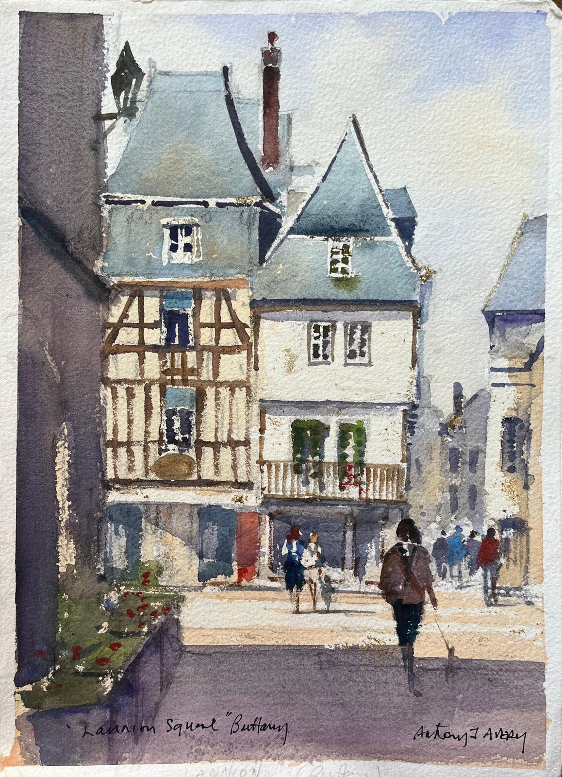 Anthony Avery British Impressionist Watercolor Of A Busy Street In Lannion Square, Brittany
